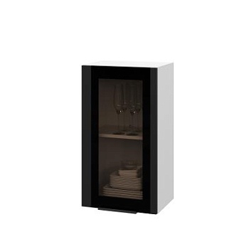 Шкаф верхний со стеклом ШВС 400 Корпус: ЛДСП белый 16мм; фасад: фрезеровка Оливия, МДФ Оливия_софт черный 16 мм