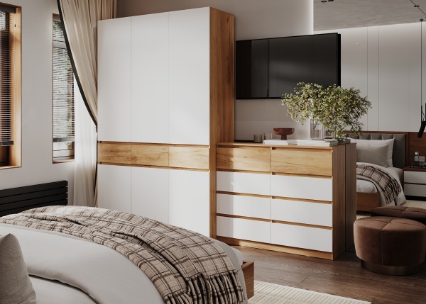 БОСТОН ЛАЙТ Комод КМ-002 Корпус - Дуб Крафт золотой К003  Фасад ЛДСП - Белый (Гладкий)