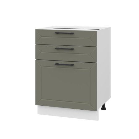 Шкаф нижний с ящиками ШН3Я 600 Корпус: ЛДСП белый 16мм; фасад: фрезеровка Кельн, МДФ софт лайт хаки 16 мм