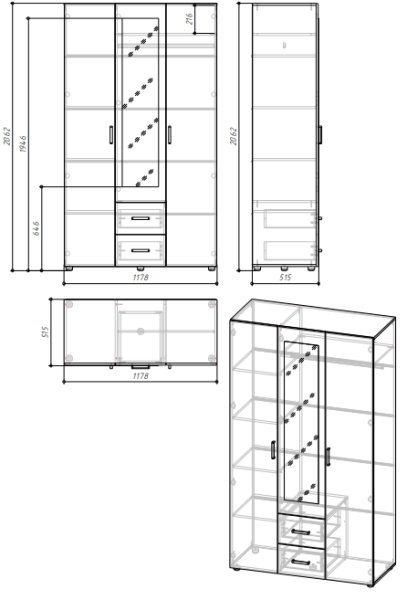 ЭВА Шкаф 3х створчатый ШК-019 Белый / Белый