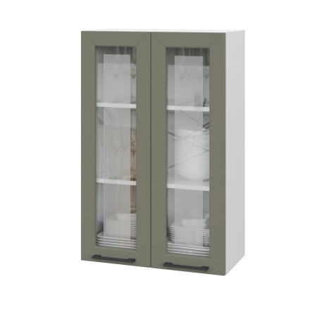 Шкаф верхний со стеклом (премьер) ШВС 600Н Корпус: ЛДСП белый 16мм; фасад: фрезеровка Кельн, МДФ софт лайт хаки 16 мм