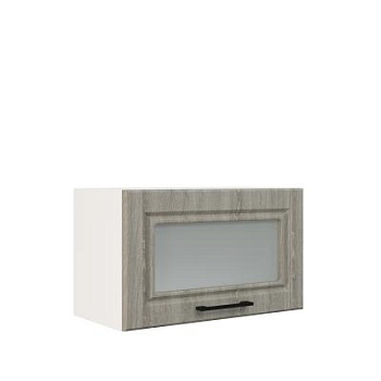 Шкаф верхний горизонтальный со стеклом ШВГС 600 Корпус: ЛДСП белый 16мм; фасад: фрезеровка Барселона, МДФ седой клен 16мм