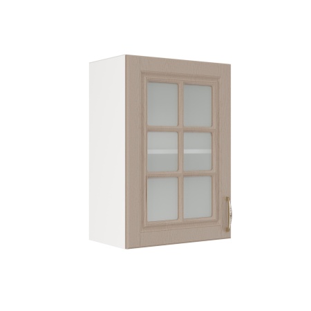 Шкаф верхний со стеклом ШВС 500 Корпус: ЛДСП белый 16мм; фасад: фрезеровка Лондон, МДФ дуб капучино 16мм