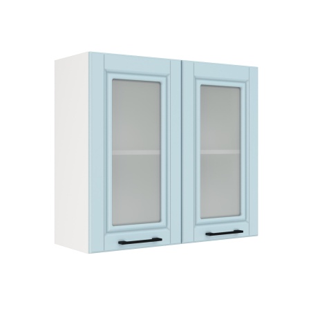 Шкаф верхний со стеклом ШВС 800 Корпус: ЛДСП белый 16мм; фасад: фрезеровка Барселона, МДФ голубой тик 16мм