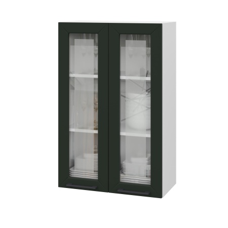 Шкаф верхний со стеклом (премьер) ШВС 600Н Корпус: ЛДСП белый 16мм; фасад: фрезеровка Кельн, МДФ софт пихтовый зеленый 16 мм