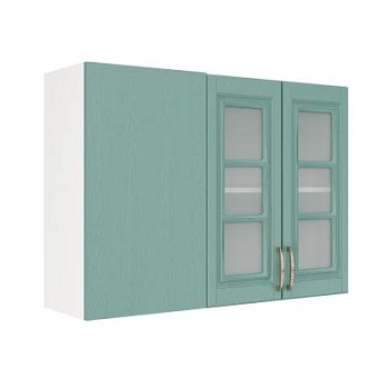 Шкаф верхний угловой со стеклом ШВУПС 1000 Корпус: ЛДСП белый 16мм; фасад: фрезеровка Лондон, МДФ дуб изумруд 16мм