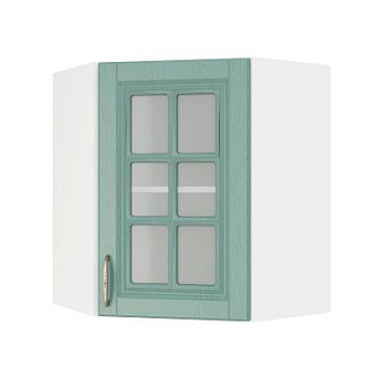Шкаф верхний угловой со стеклом ШВУС 600 Корпус: ЛДСП белый 16мм; фасад: фрезеровка Лондон, МДФ дуб изумруд 16мм