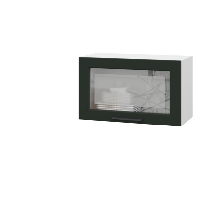 Шкаф верхний горизонтальный со стеклом ШВГС 600 Корпус: ЛДСП белый 16мм; фасад: фрезеровка Кельн, МДФ софт пихтовый зеленый 16 мм