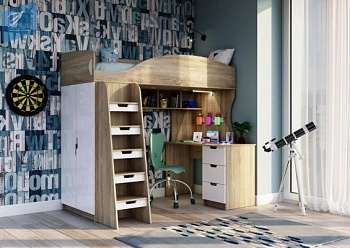 СЭНДИ КР-111 Кровать-чердак (Сп. место 0,8х2,0м) Корпус - Сонома светлый  Фасад МДФ - глянцевая Белый СЭНДИ КР-111 Кровать-чердак (Сп. место 0,8х2,0м) Корпус - Сонома светлый  Фасад МДФ - глянцевая Белый