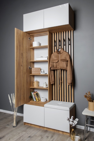 БОСТОН прихожая МДФ (Комплект) Корпус ЛДСП - Дуб Крафт золотой Фасад МДФ - Глянец белый 