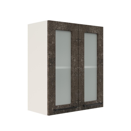 Шкаф верхний со стеклом ШВС 600 Корпус: ЛДСП белый 16мм; фасад: фрезеровка Нувель, МДФ бетон коричневый 16мм
