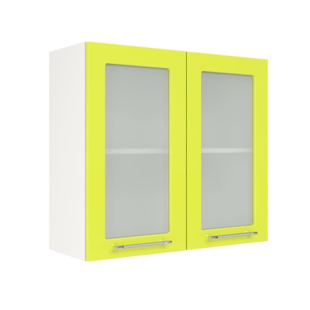 Шкаф верхний со стеклом ШВС 800 Корпус: ЛДСП белый 16мм; фасад: фрезеровка Олива, МДФ глянец лайм 16мм