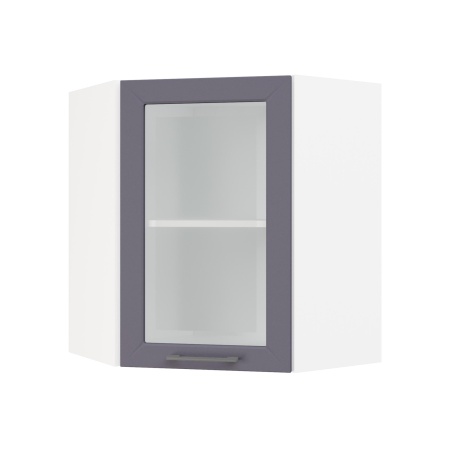 Шкаф верхний угловой со стеклом ШВУС 600 Корпус: ЛДСП белый 16мм; фасад: фрезеровка Кельн, МДФ софт смок 16мм