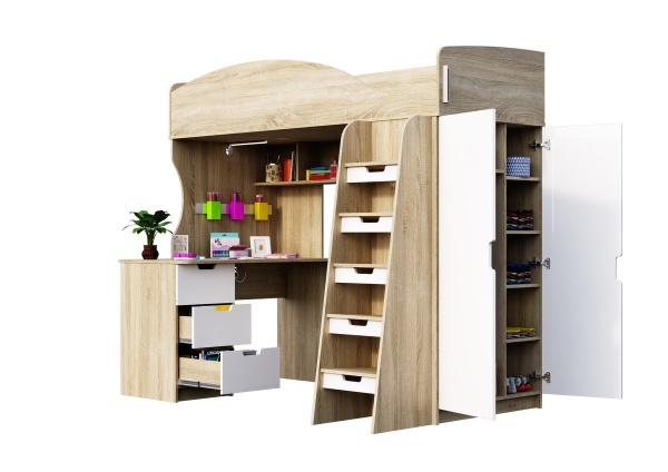 СЭНДИ КР-111 Кровать-чердак (Сп. место 0,8х2,0м) Корпус - Сонома светлый  Фасад МДФ - глянцевая Белый