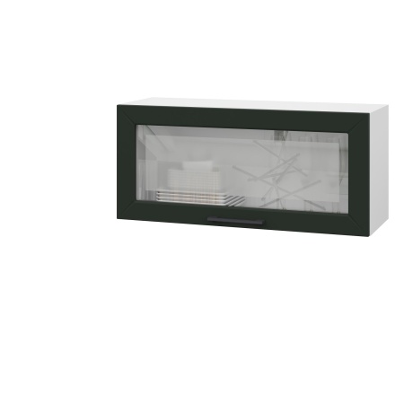 Шкаф верхний горизонтальный со стеклом ШВГС 800 Корпус: ЛДСП белый 16мм; фасад: фрезеровка Кельн, МДФ софт пихтовый зеленый 16 мм