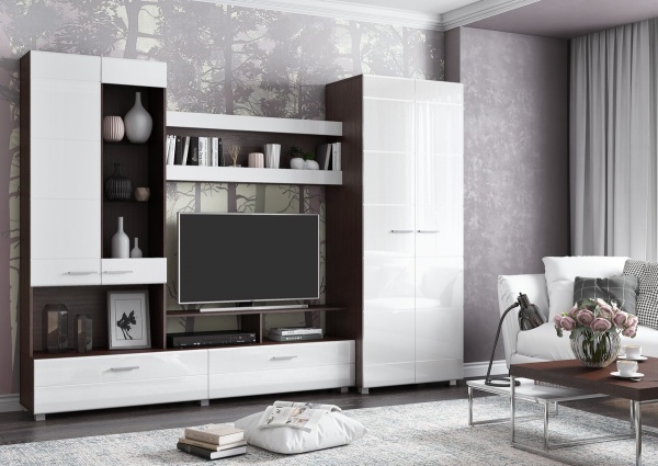 КАМИЛА Стенка гостиная МДФ(Комплект) Корпус - Венге  Фасад МДФ - глянцевая Белый