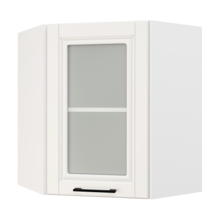 Шкаф верхний угловой со стеклом ШВУС 600 Корпус: ЛДСП белый 16мм; фасад: фрезеровка Барселона, МДФ белое дерево 16мм