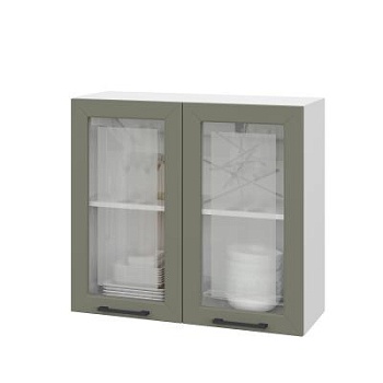 Шкаф верхний со стеклом ШВС 800 Корпус: ЛДСП белый 16мм; фасад: фрезеровка Кельн, МДФ софт лайт хаки 16 мм