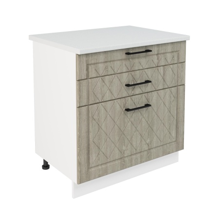 Шкаф нижний с ящиками ШН3Я 800 Корпус: ЛДСП белый 16мм; фасад: фрезеровка Барселона, МДФ седой клен 16мм