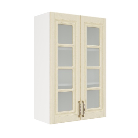 Шкаф верхний со стеклом (премьер) ШВС 600Н Корпус: ЛДСП белый 16мм; фасад: фрезеровка Лондон, МДФ дуб крем 16мм