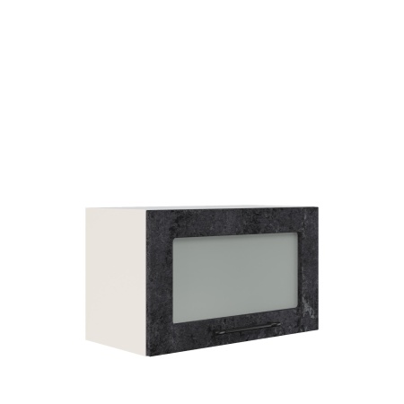 Шкаф верхний горизонтальный со стеклом ШВГС 600 Корпус: ЛДСП белый 16мм; фасад: фрезеровка Нувель, МДФ бетон черный 16мм