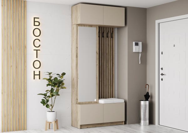 БОСТОН прихожая ЛДСП (Комплект) Корпус - Дуб Крафт серый  Фасад ЛДСП - Кашемир 5981 BS Кожзам.- Ecotex 3002 (Белая)