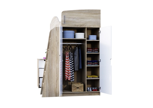 СЭНДИ КР-111 Кровать-чердак (Сп. место 0,8х2,0м) Корпус - Сонома светлый  Фасад МДФ - глянцевая Белый