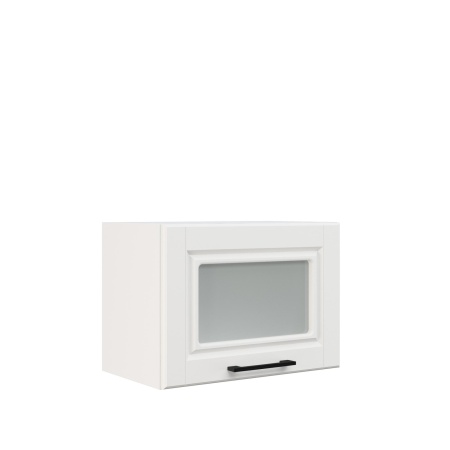 Шкаф верхний горизонтальный со стеклом ШВГС 500 Корпус: ЛДСП белый 16мм; фасад: фрезеровка Барселона, МДФ белое дерево 16мм