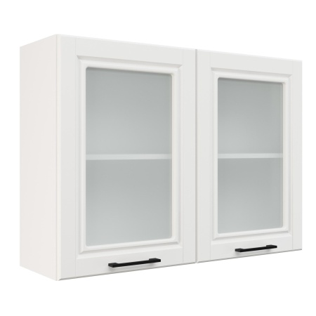 Шкаф верхний со стеклом ШВС 1000 Корпус: ЛДСП белый 16мм; фасад: фрезеровка Барселона, МДФ белое дерево 16мм