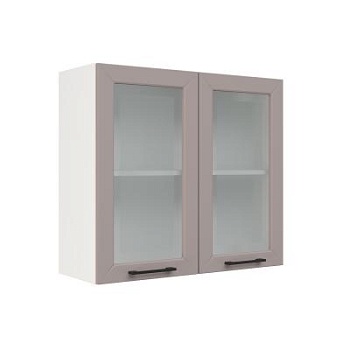 Шкаф верхний со стеклом ШВС 800 Корпус: ЛДСП белый 16мм; фасад: фрезеровка Кельн, МДФ софт тоффи 16мм