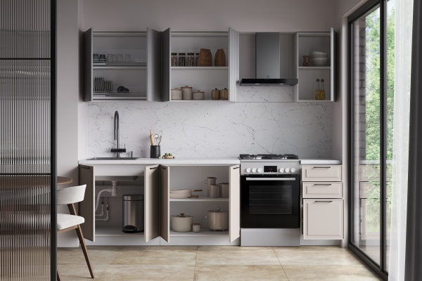 Кухня Ритм Лайт грей / Сиена Антично-бежевый 2,0 м Кухня Ритм Лайт грей / Сиена Антично-бежевый 2,0 м