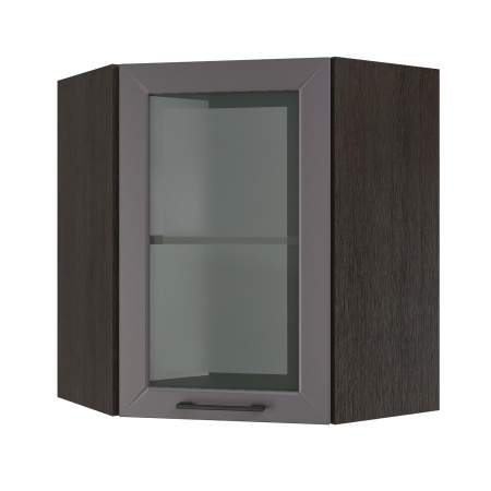 Шкаф верхний угловой со стеклом ШВУС 600 Корпус: ЛДСП венге 16мм; фасад: фрезеровка Кельн, МДФ софт смок 16мм