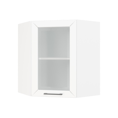 Шкаф верхний угловой со стеклом ШВУС 600 Корпус: ЛДСП белый 16мм; фасад: фрезеровка Кельн, МДФ софт пломбир 16 мм