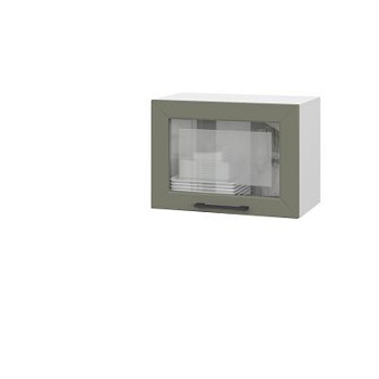 Шкаф верхний горизонтальный со стеклом ШВГС 500 Корпус: ЛДСП белый 16мм; фасад: фрезеровка Кельн, МДФ софт лайт хаки 16 мм