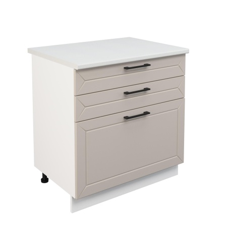 Шкаф нижний с ящиками ШН3Я 800 Корпус: ЛДСП белый 16мм; фасад: фрезеровка Кельн, МДФ софт бланж 16мм