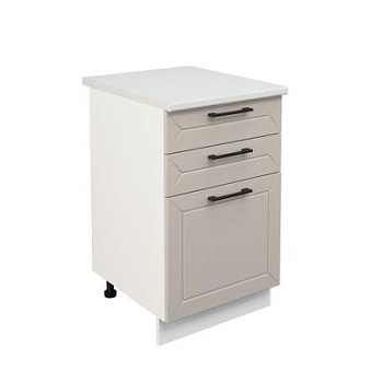 Шкаф нижний с ящиками ШН3Я 500 Корпус: ЛДСП белый 16мм; фасад: фрезеровка Кельн, МДФ софт бланж 16мм