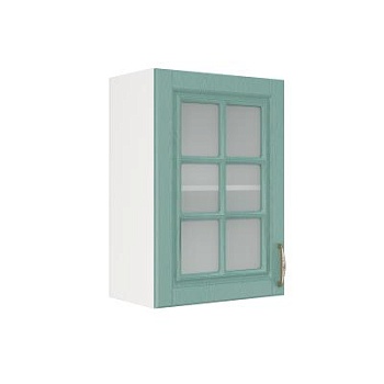 Шкаф верхний со стеклом ШВС 500 Корпус: ЛДСП белый 16мм; фасад: фрезеровка Лондон, МДФ дуб изумруд 16мм