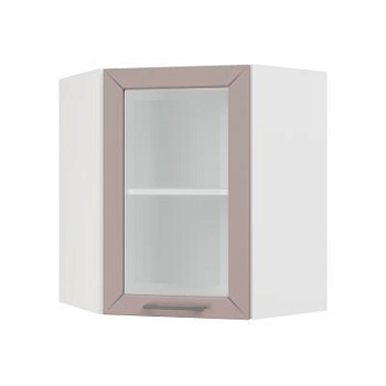 Шкаф верхний угловой со стеклом ШВУС 600 Корпус: ЛДСП белый 16мм; фасад: фрезеровка Кельн, МДФ софт тоффи 16мм