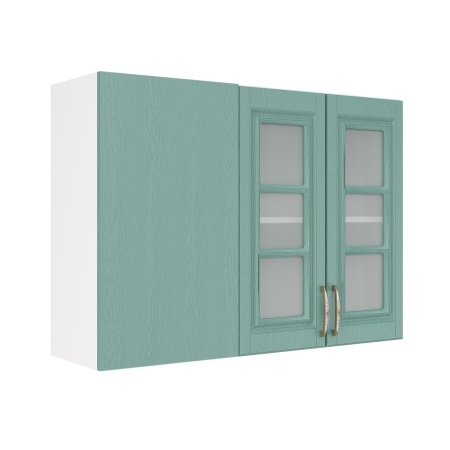 Шкаф верхний угловой со стеклом ШВУПС 1000 Корпус: ЛДСП белый 16мм; фасад: фрезеровка Лондон, МДФ дуб изумруд 16мм