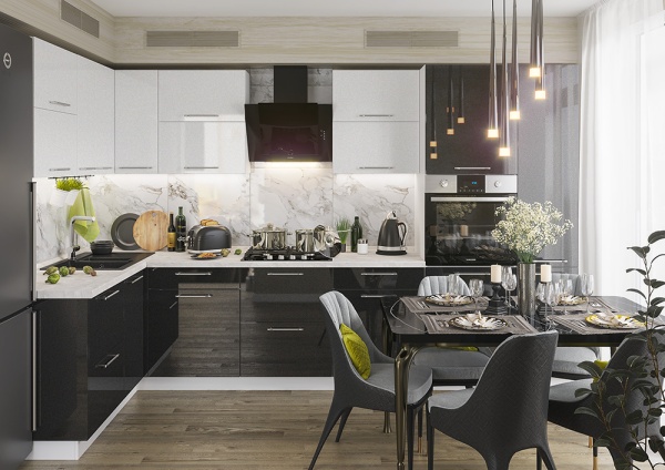 Модульная кухня Олива Металлик белый / Металлик черный