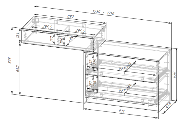 СЕЛЕНА Комод-консоль КМ-001 (МДФ Комплект) Корпус - Шиншилла Серая  Фасад МДФ - матовая Кварц Грей Софт