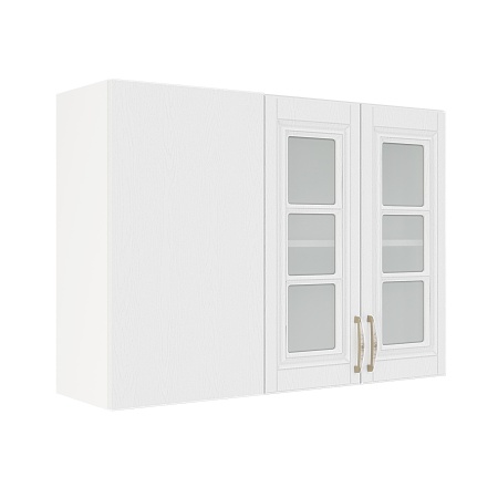 Шкаф верхний угловой со стеклом ШВУПС 1000 Корпус: ЛДСП белый 16мм; фасад: фрезеровка Лондон, МДФ дуб белый 16мм