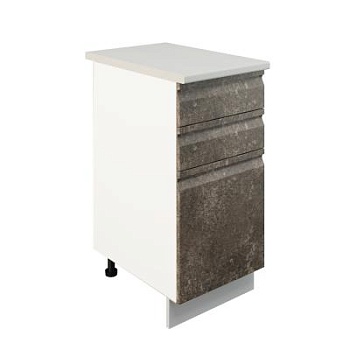 Шкаф нижний с ящиками ШН3Я 400 Корпус: ЛДСП белый 16мм; фасад: фрезеровка Бруклин, МДФ бетон коричневый 16мм