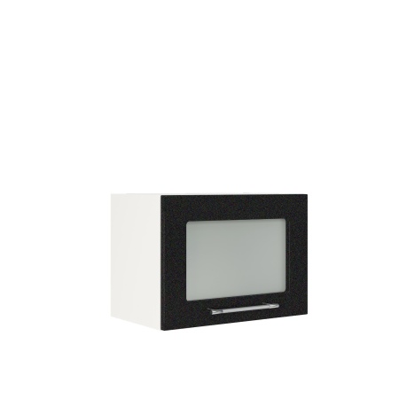 Шкаф верхний горизонтальный со стеклом ШВГС 500 Корпус: ЛДСП белый 16мм; фасад: фрезеровка Олива, МДФ металлик черный 16мм