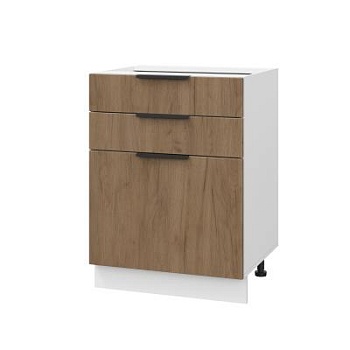 Шкаф нижний с ящиками ШН3Я 600 Корпус: ЛДСП белый 16мм; фасад: фрезеровка Оливия, ЛДСП дуб крафт табачный 16 мм