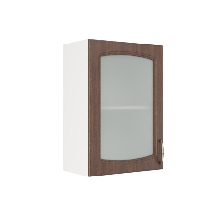 Шкаф верхний со стеклом ШВС 500 Корпус: ЛДСП белый 16мм; фасад: фрезеровка Гренада, МДФ бразильский орех 16мм