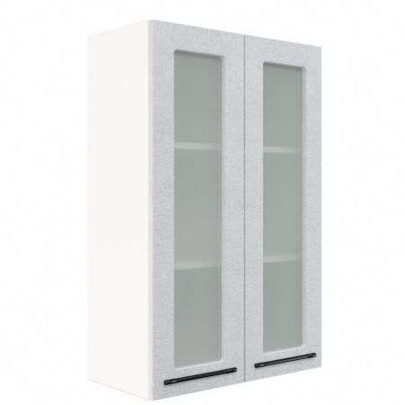 Шкаф верхний со стеклом (премьер) ШВС 600Н Корпус: ЛДСП белый 16мм; фасад: фрезеровка Нувель, МДФ бетон белый 16мм