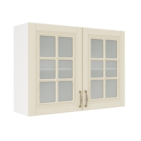 Шкаф верхний со стеклом ШВС 1000 Корпус: ЛДСП белый 16мм; фасад: фрезеровка Лондон, МДФ дуб крем 16мм