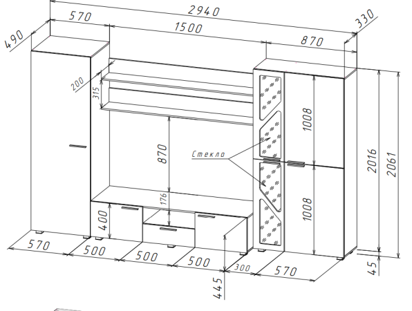 Гостиная МАНХЕТЕН НМ ( Комплект ) Корпус - Дуб Сонома светлый