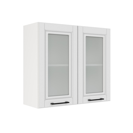 Шкаф верхний со стеклом ШВС 800 Корпус: ЛДСП белый 16мм; фасад: фрезеровка Барселона, МДФ белое дерево 16мм